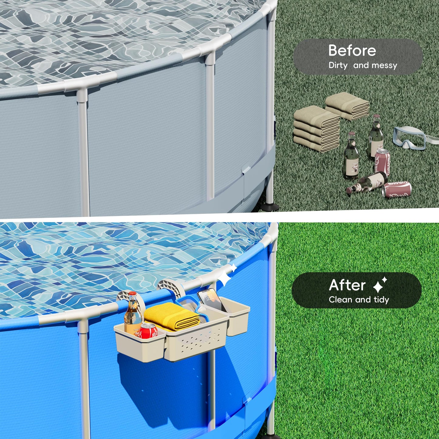 SHAPON 2026 Upgrade Poolside Storage Basket with 2 Cup Holders, Pool Drink Holder Stretchable Organizer for Drinks & Pool Supplies, Perfect Above Ground Pool Accessories for Most Frame Swimming Pools