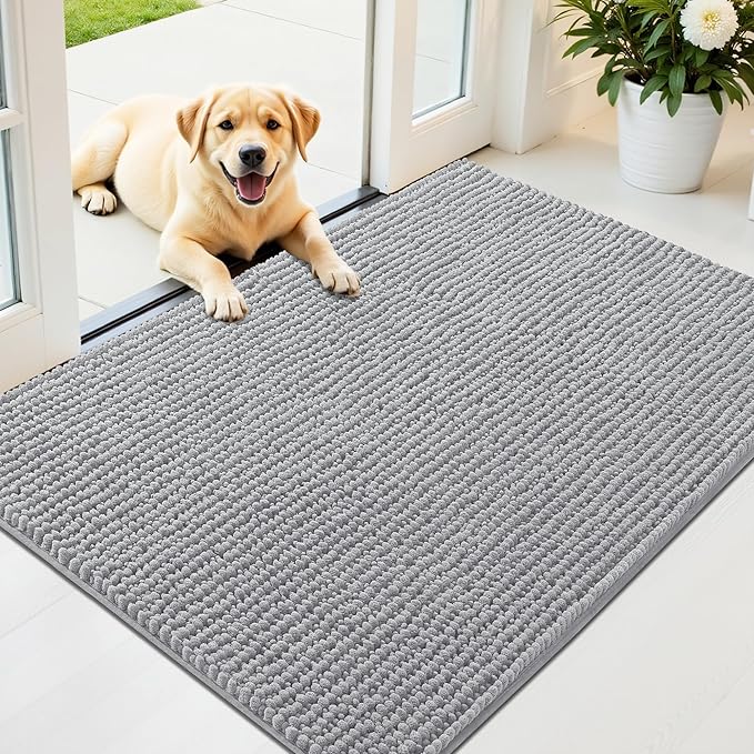 OLANLY Dog Door Mat for Muddy Paws 44x32, Ultra Absorbent Chenille Mud Doormat, Non-Slip Washable and Dirt Trapping Doormat for Indoor Entryway, Quick-Dry Indoor Pet Bed Mats for Dogs, Light Grey
