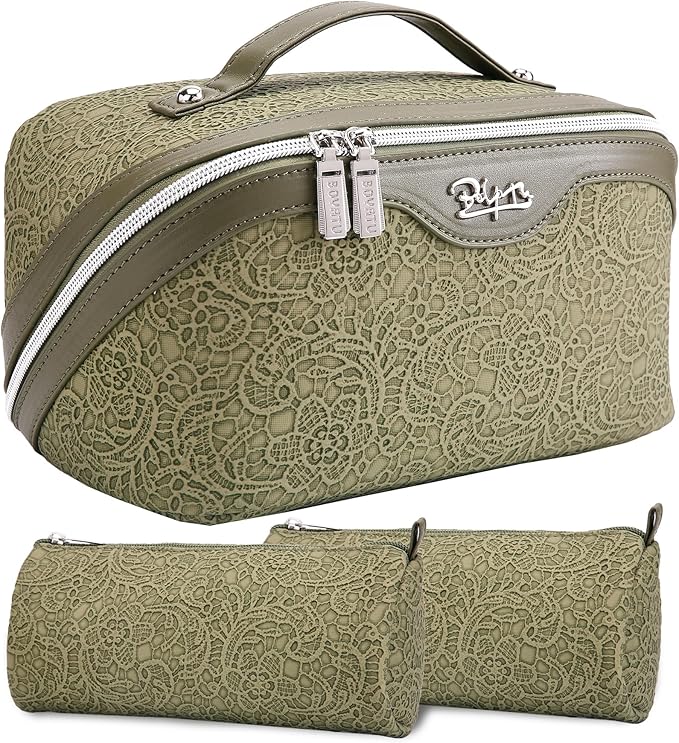 BOYATU Travel Makeup Bags Cosmetic Organizer Bag: 3 Pcs Set Large Capacity Make up Bag with Compartments - Waterproof Leather Toiletry Bags with Handle for Women (A-Green)