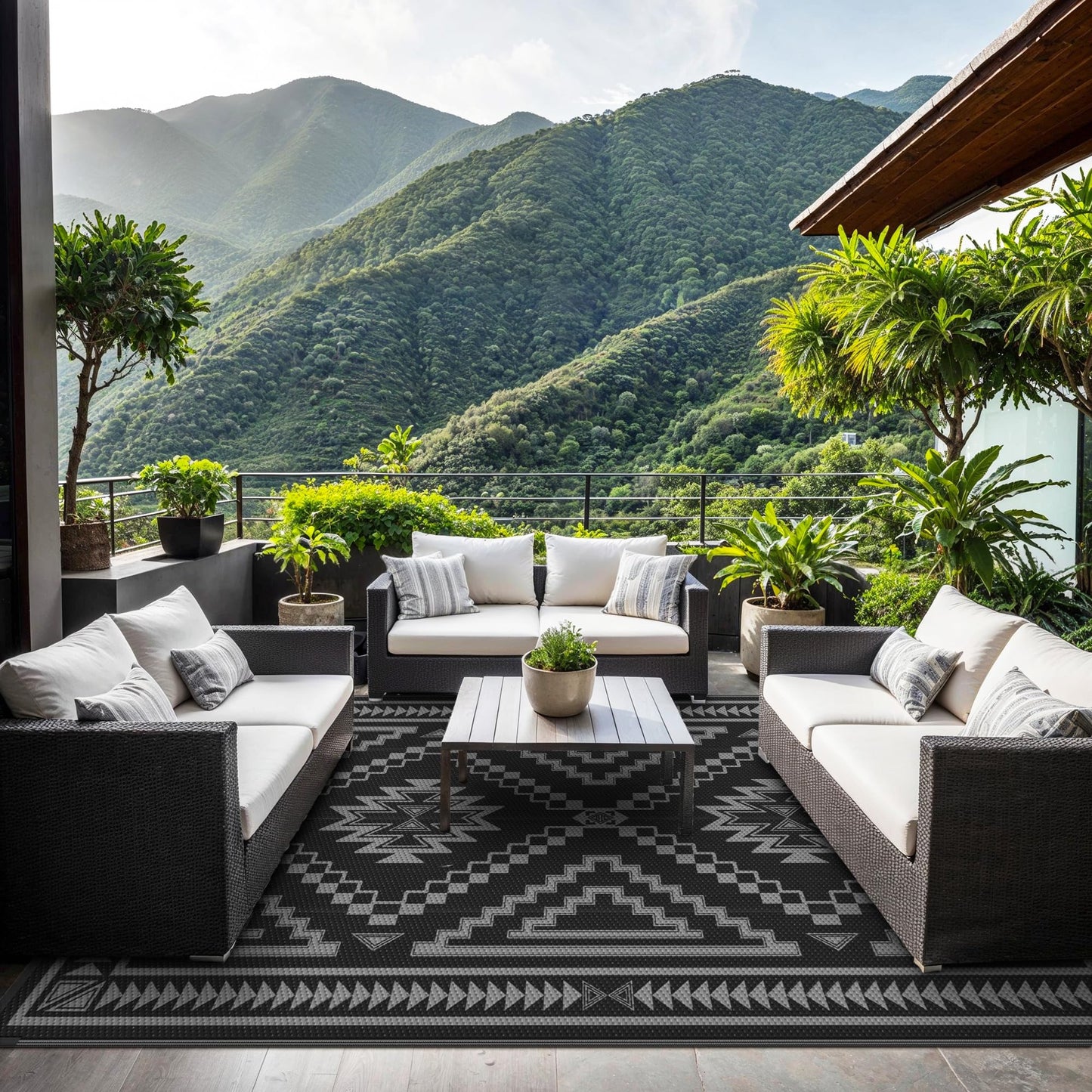 GENIMO Outdoor Rug for Patio Clearance - 6x9 ft Waterproof Plastic Camping Rugs, Reversible Outside Rv Mat Carpet for Porch, Deck, Picnic, Balcony, Beach, Backyard, Black Grey