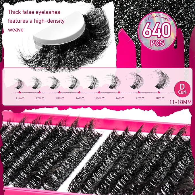 Lashes Fluffy Lash Clusters Thick Lash Clusters Kit Eyelash 640pcs Extension Kit False Eyelashes with Bond Seal Remover D Curl 80D100D 11-18mm