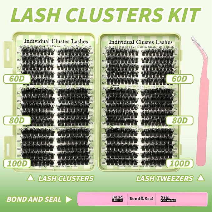 Lash Clusters Kit Natural Cat Eye D Curl Lash Clusters 520Pcs DIY Individual Lashes Clusters Lash Extension Kit Thin Band Wispy Eyelash Clusters Lash Bond and Seal Lash Tweezers