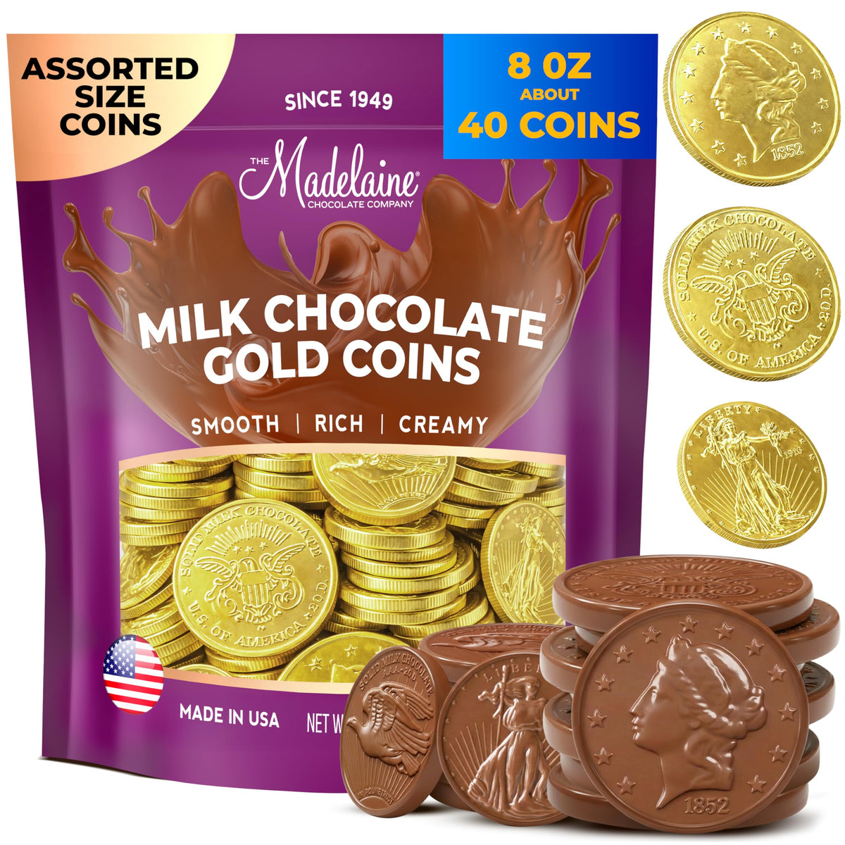 Madelaine St. Patrick’s Day Gold Chocolate Coins - 8 Oz About 40 Assorted Sizes Milk Chocolates Gold Coins - Individually Wrapped St Patrick’s Day Candy Basket Fillers Holiday Treats & Party Favors