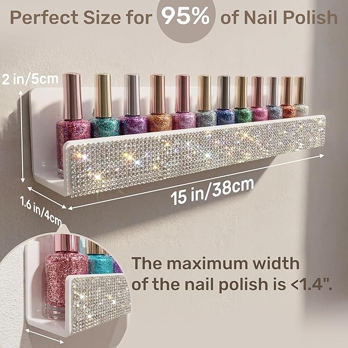 YMVV Nail Polish Wall Shelf - 15-Inch Diamond Crystal Display & Organizer Rack, Holds 60+ Polishes, Soft Ledge for Bedroom, Bathroom, Salon,6 Pack