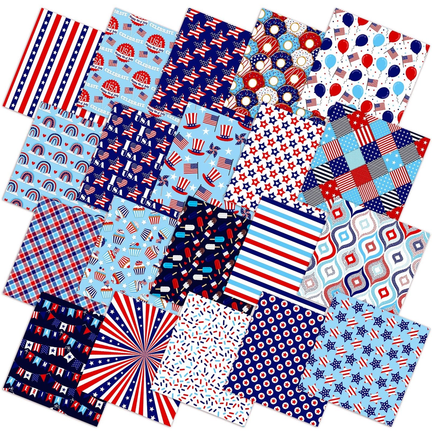 Ganeen 60 Pcs 10 x 10 Inch Red White Blue Quilting Fabric Squares 4th of July Fabric Bundle Patriotic American Flag USA Fat Patchwork Precut Strips for Memorial Day Handmade Material Sewing DIY Craft