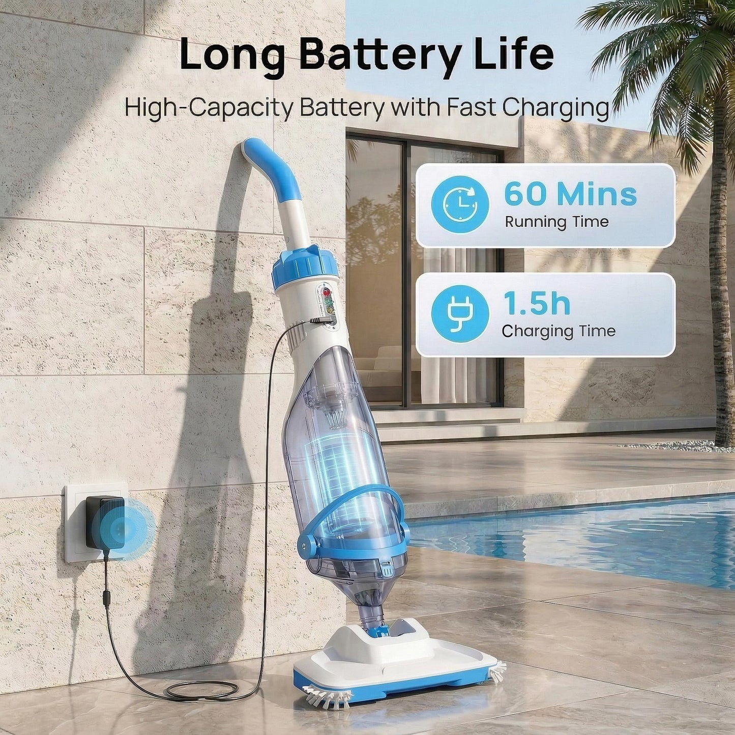 Consciot Pool Vacuum for Above Ground Pool & Inground Pool, Rechargeable Handheld Cleaner with Telescopic Pole,18.5 GPM Suction, 13.4" Head, 60-Min Runtime, for Spa & Hot Tub