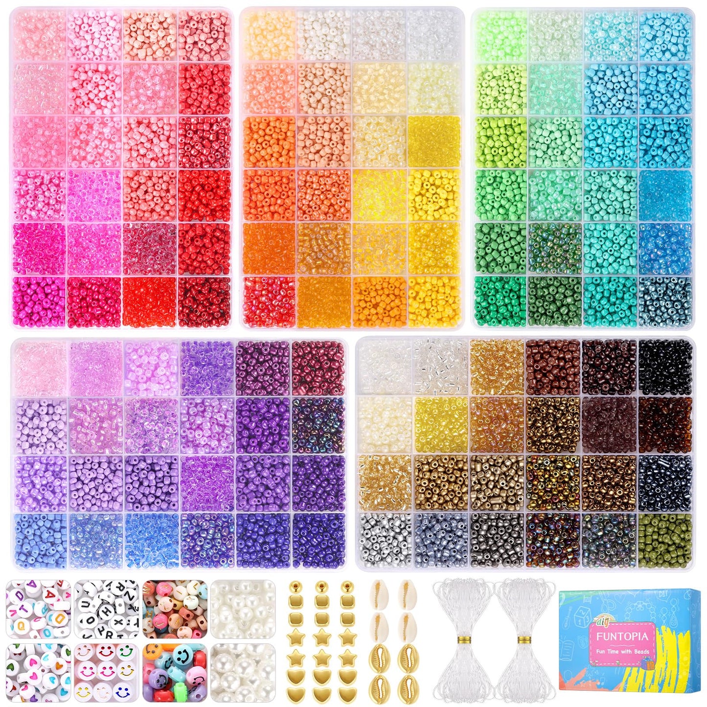 Funtopia 4mm 13000pcs+ Seed Beads for Jewelry Making, 120 Colors Small Glass Beads for Bracelets, Friendship Bracelet Kit with Alphabet Letter Bead Smile Face Bead for DIY, Art and Craft