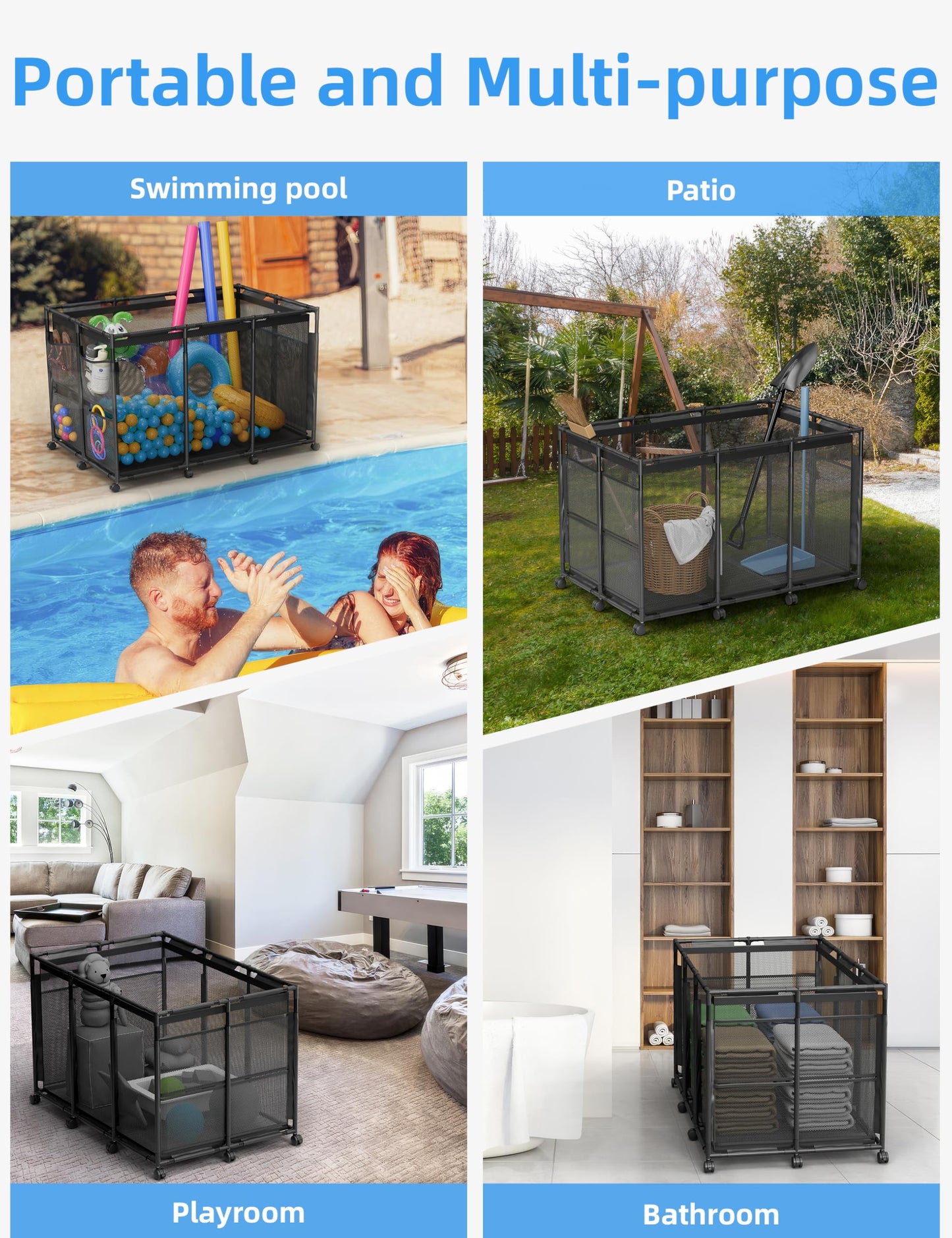 POOLHOUR Pool Float Storage – XXL Large Outdoor Pool Toy Storage Organizer for Pool Noodles, Toys, Floats, Balls,Equipment, Mesh Rolling Storage Organizer Bin, Black