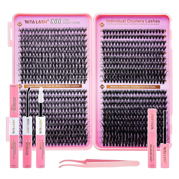 RITALASH Lash Extension Kit DIY Lash Clusters 800pcs Cluster Lashes Individual Lashes Book Set Eyelash Extension Kit with Lash Bond and Seal,Lash Remover,Lash Tweezers(30D+40D+50D+60D Kit,8-16mm)