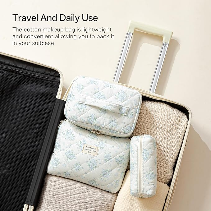 HBselect Quilted Makeup Bag, 3PCS Cotton Large Travel Makeup Bag, Cute Floral Coquette Make up Bag Cosmetic Bag Toiletry Bag for Women Girls