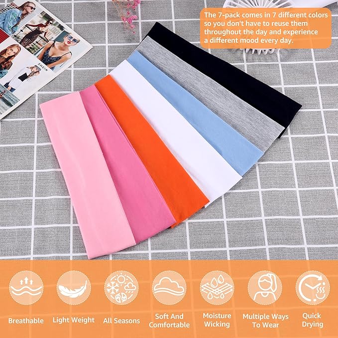 DiyJibb Headbands for Women, Stretchy Non Slip Soft Cotton Cloth Hair Bands for Sports, Workout, Yoga and Running, 7pcs