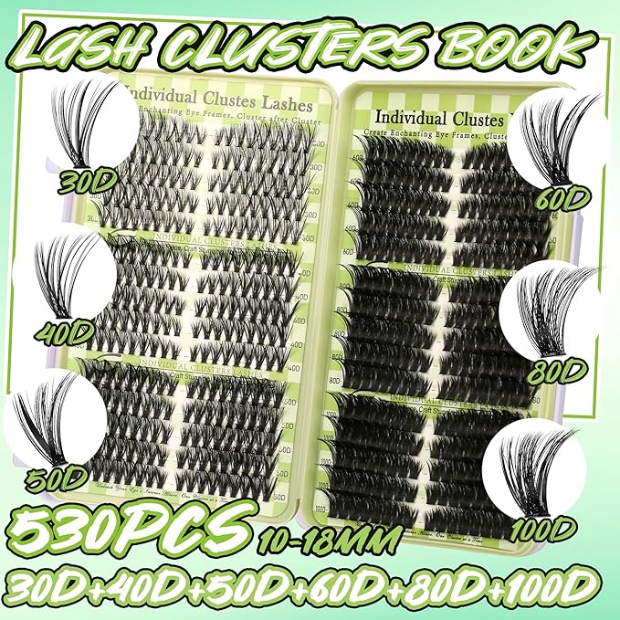Lash Clusters Cat Eye Lash Clusters Kit Volume DIY Individual Lashes Clusters Lash Extension Kit 530Pcs Thin Band Wispy Lash Cluster Lash Bond and Seal Lash Tweezers