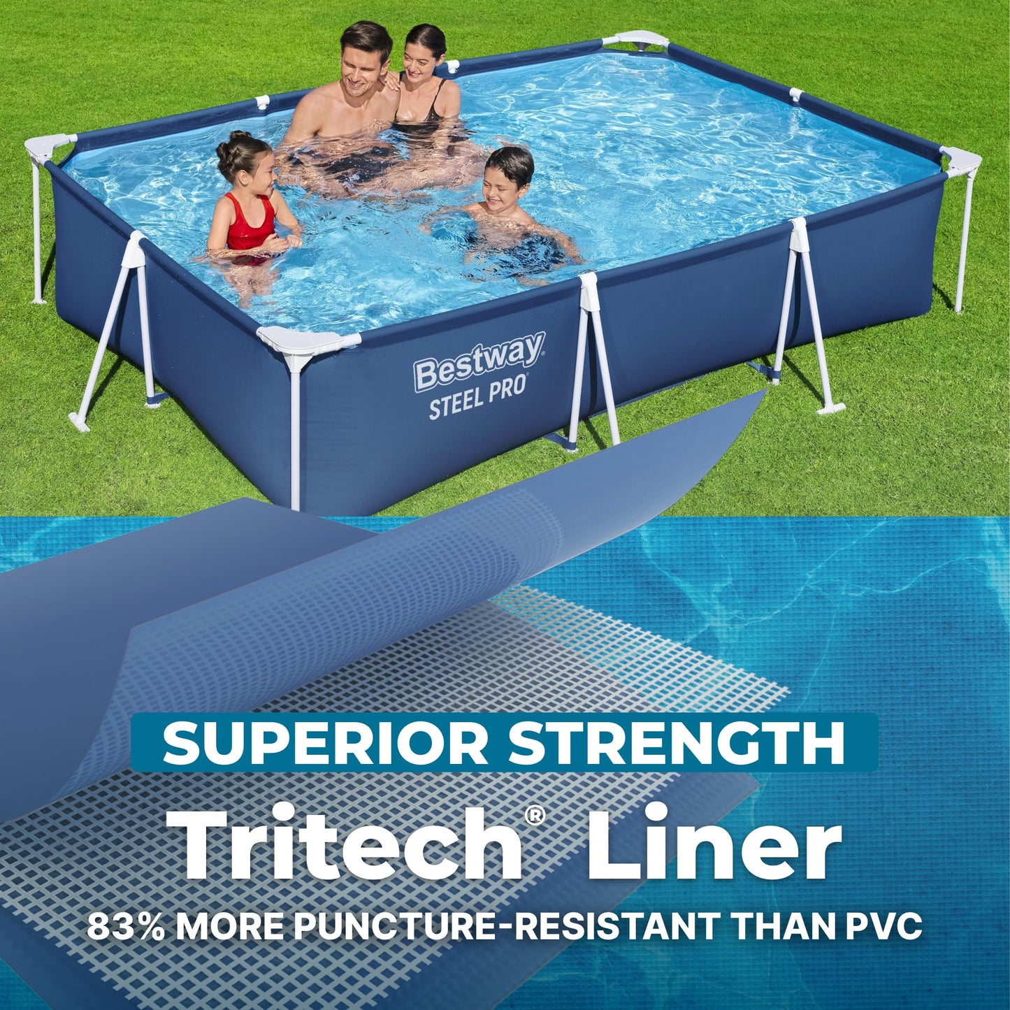 Bestway Steel Pro 9' 10" x 6' 7" x 26" Rectangular Above Ground Pool Set with 827 Gallon Capacity, DuraPlus Liner, and Flowclear 330 GPH Filter Pump
