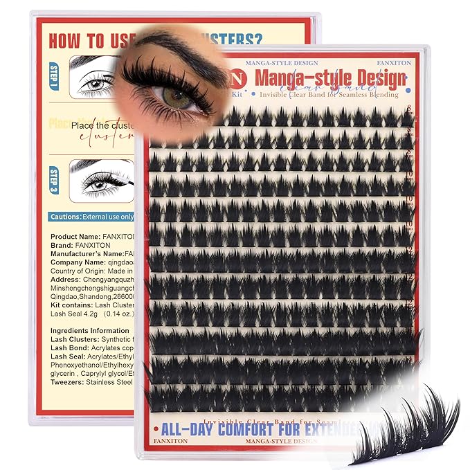 FANXITON Anime Lash Clusters 8-14mm Manga Lashes Extension Volume Cluster Eyelash Extensions Spiky Eyelash Extensions Soft Eyelash Clusters 204Pcs DIY at Home