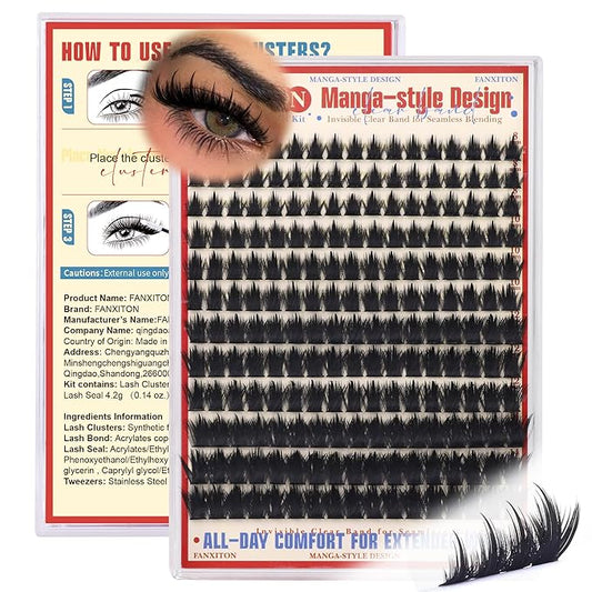FANXITON Anime Lash Clusters 8-14mm Manga Lashes Extension Volume Cluster Eyelash Extensions Spiky Eyelash Extensions Soft Eyelash Clusters 204Pcs DIY at Home