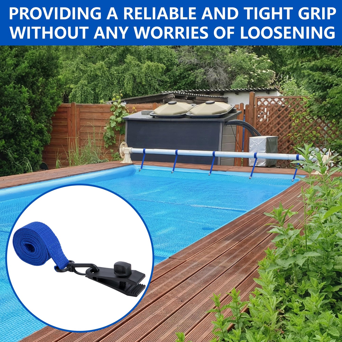 codree 24 Pcs Pool Solar Cover Reel Attachment Kit, Inground Swimming Pool Solar Cover Straps and Clips, Solar Blanket Strap Kit Including 8 Straps with Hooks, 8 Clips and 8 Touch Fastener (Blue)