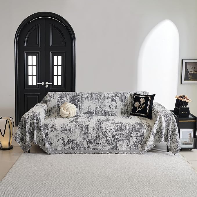 MYSKY HOME Boho Couch Cover for Dogs Washable Deep Grey Abstract Couch Sofa Protector for Loveseat Sofa Pets Friendly Chenille Geometric Sofa Covers Soft Durable Farmhouse Sofa Slipcovers, 91" X118"
