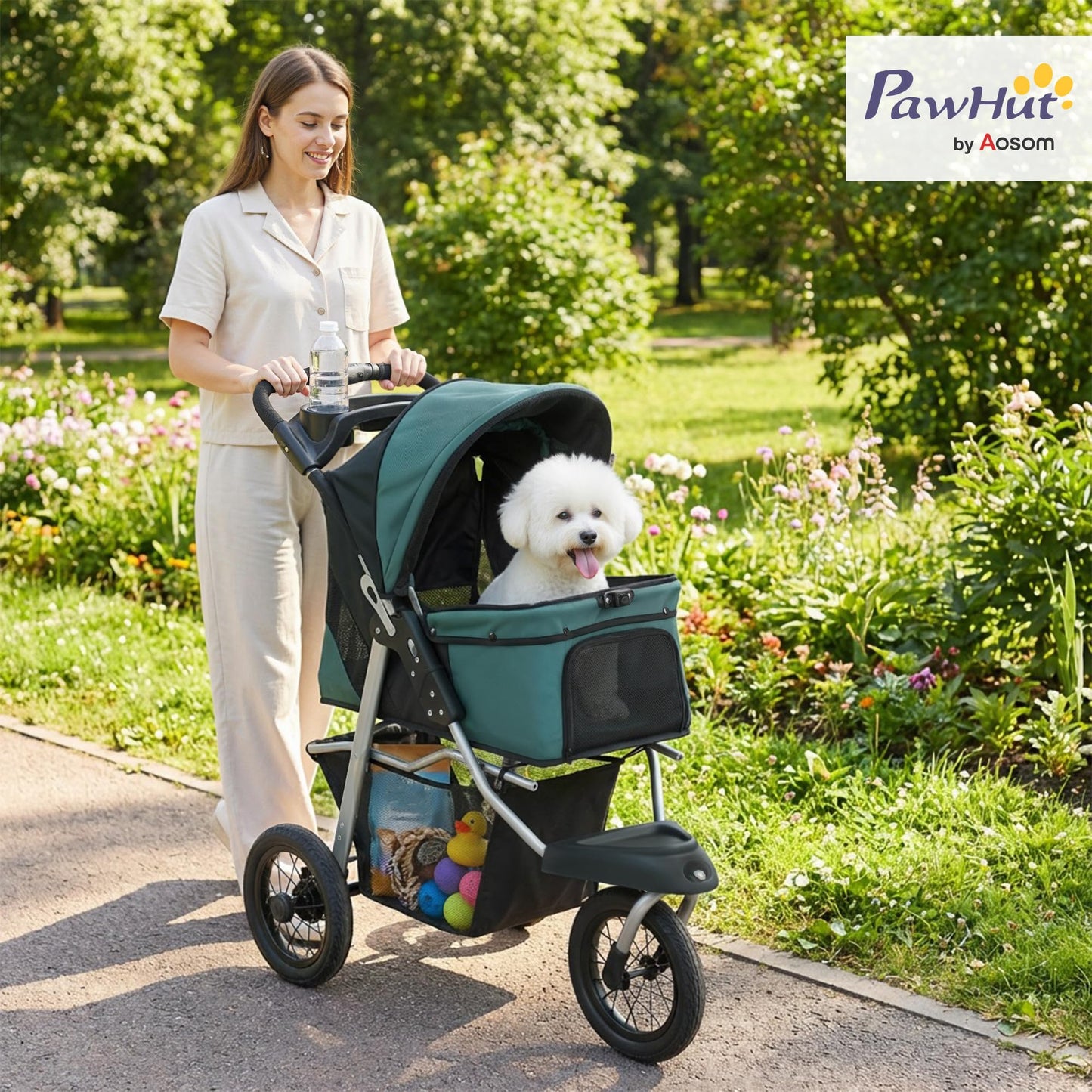 PawHut Dog Stroller for Small Dogs, 3 Wheel Foldable Pet Stroller with 12" Rubber Wheels, Mesh Window, One-Foot Brake, Storage Basket and Cup Holder, Up to 22 LBS, Dark Green