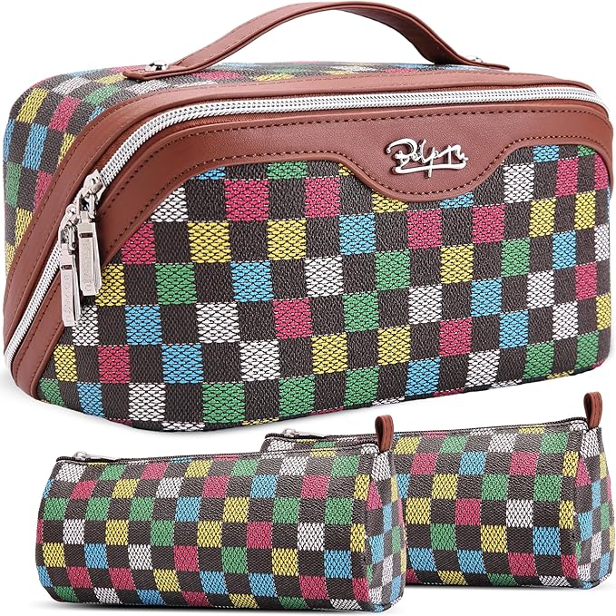 BOYATU Travel Makeup Bag Organizer Cosmetic Bag: 3 Pcs Set Make up Bags for Women with Handle - Waterproof Vegan Leather Toiletry Bag (01-H-Brown)