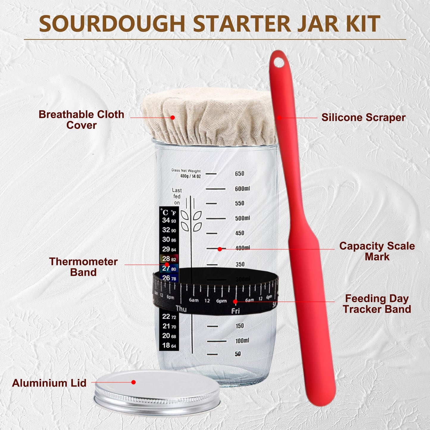 Complete Sourdough Starter Kit, Banneton Bread Proofing Basket with Glass Sourdough Starter Jar, Sourdough Bread Baking Supplies, 9'' Round Bread Proofing Basket, Sourdough Starter for Bread Making Baking Fermentation