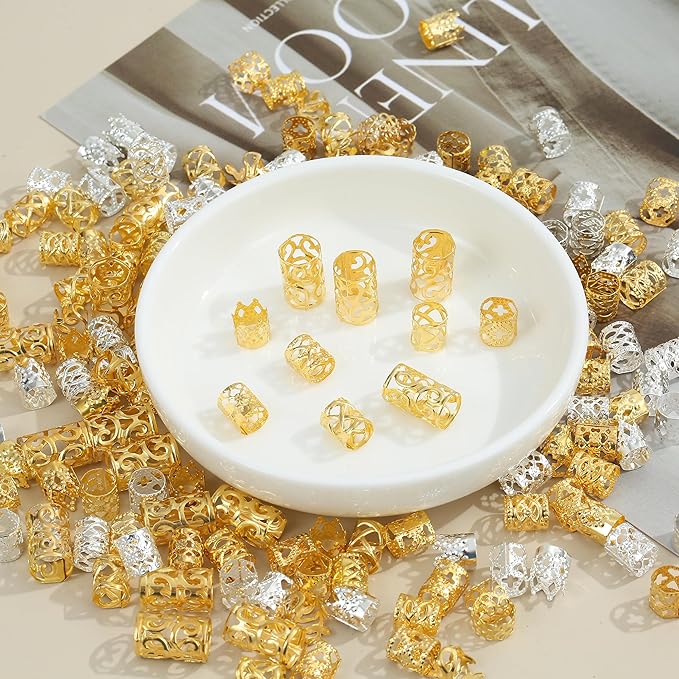 220 Pcs Gold Hair Jewelry for Braids, 12 Styles Gold and Silver Hair Accessories Cuff for Braids and Dreadlocks, Adjustable Metal Rings Cuffs Clips for Dreadlock Accessory Jewelry Decorations