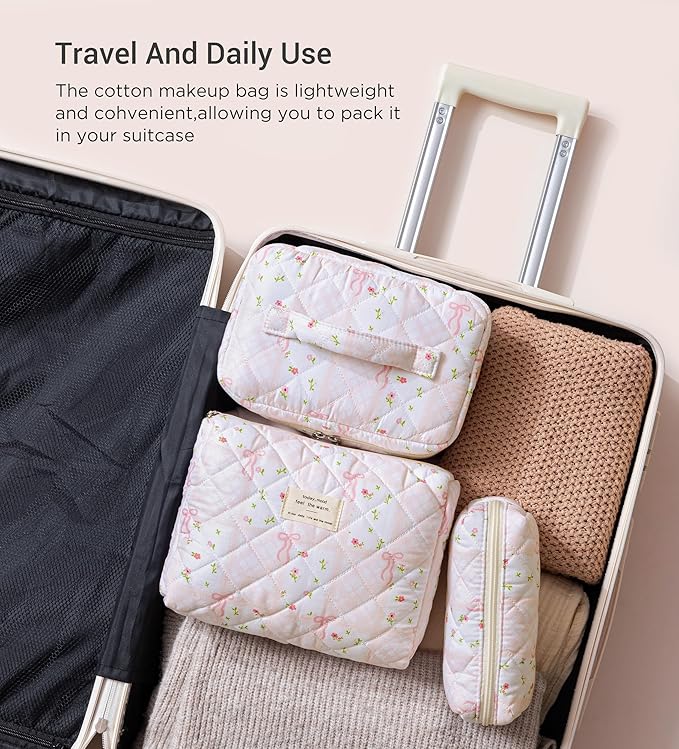 HBselect Quilted Makeup Bag, 3PCS Cotton Large Travel Makeup Bag, Cute Floral Coquette Make up Bag Cosmetic Bag Toiletry Bag for Women Girls