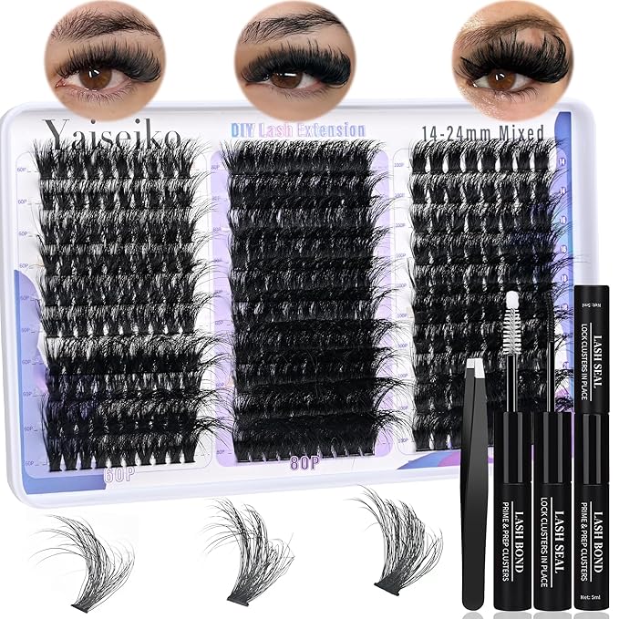 60+80+100D Lash Clusters Kit Eyelash Extension Kit DIY Lash Extension Kit 280 PCS Lashes Clusters Cluster with Lash Bond and Seal Lash Applicator for Lash Extensions by Yaiseiko(14-24MM)