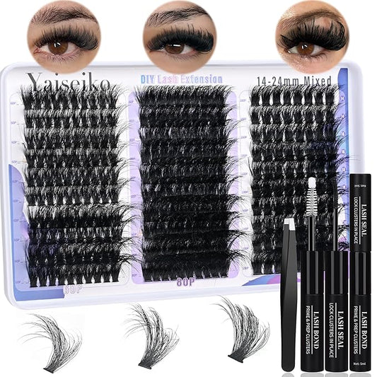 60+80+100D Lash Clusters Kit Eyelash Extension Kit DIY Lash Extension Kit 280 PCS Lashes Clusters Cluster with Lash Bond and Seal Lash Applicator for Lash Extensions by Yaiseiko(14-24MM)