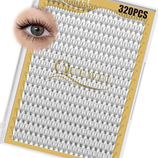 QUEWEL Lash Clusters 320Pcs Cluster Lashes 10D C Curl Lash Cluster Eyelash Extensions Mix12-18mm Individual Eyelashes Clusters Wispy Lash Clusters Thin Band Soft to Use at Home(10D C Mix12-18)