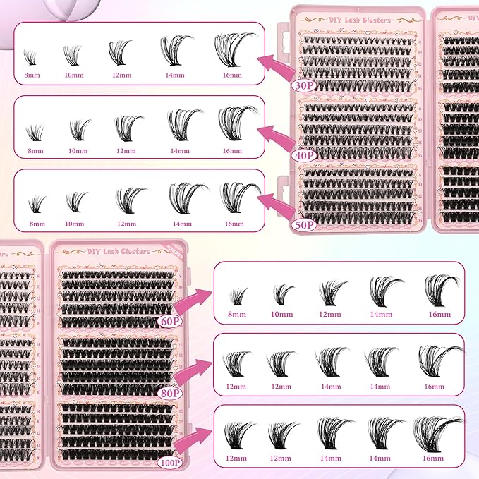 Lash Clusters Fluffy DIY Lash Clusters Kit Volume Lash Extension Kit 570Pcs Individual Lashes Clusters Thin Band Eyelash Extension Kit Lash Bond and Seal Lash Tweezers