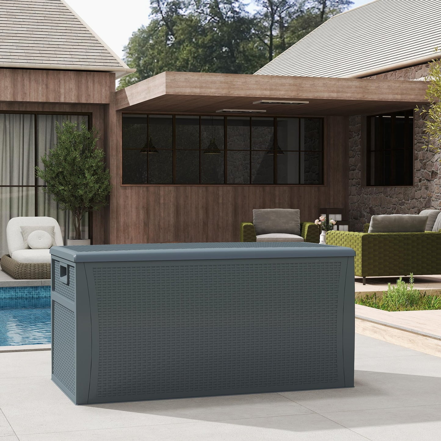 ZYJOYY 100 Gallon Resin Deck Box Waterproof Outdoor Storage Box and Patio Furniture Side Table for Pool Accessories, Gardening Tools, Outdoor Indoor Cushions, Lockable, UV Resistant