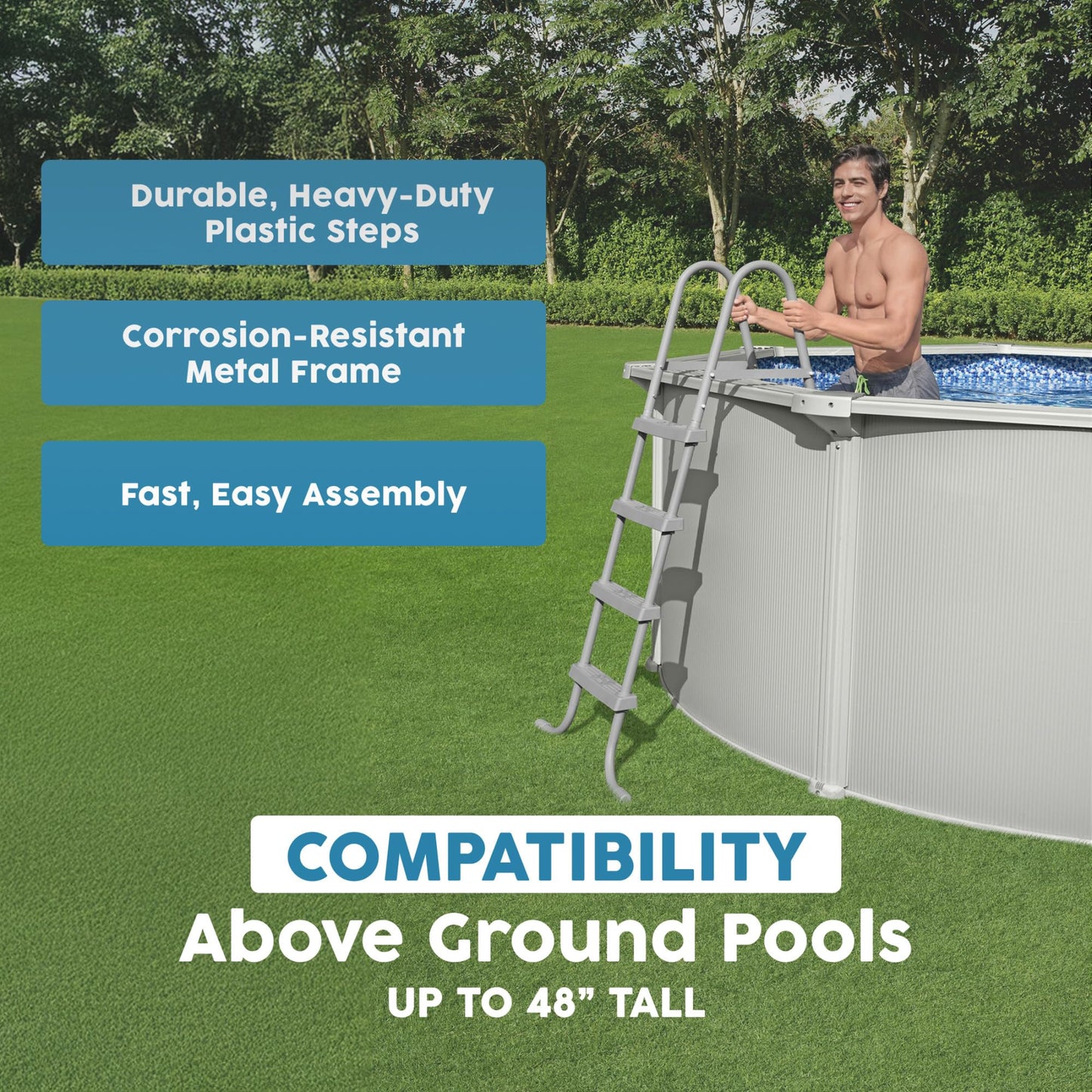 Bestway Above Ground Pool Ladder for Swimming Pools 42" or 48" Tall, Metal Frame Step Ladder with Plastic Steps for Pool Entry and Exit