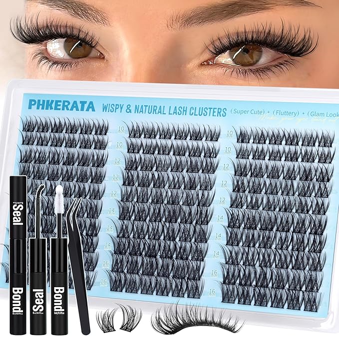 PHKERATA Natural Lash Clusters Kit 180Pcs Wispy Cluster Eyelash Extensions Kit, C Curly DIY Lash Extension Kit with Bond and Seal & Tweezers, Soft Individual Lashes for Everyday Look, 10-16mm