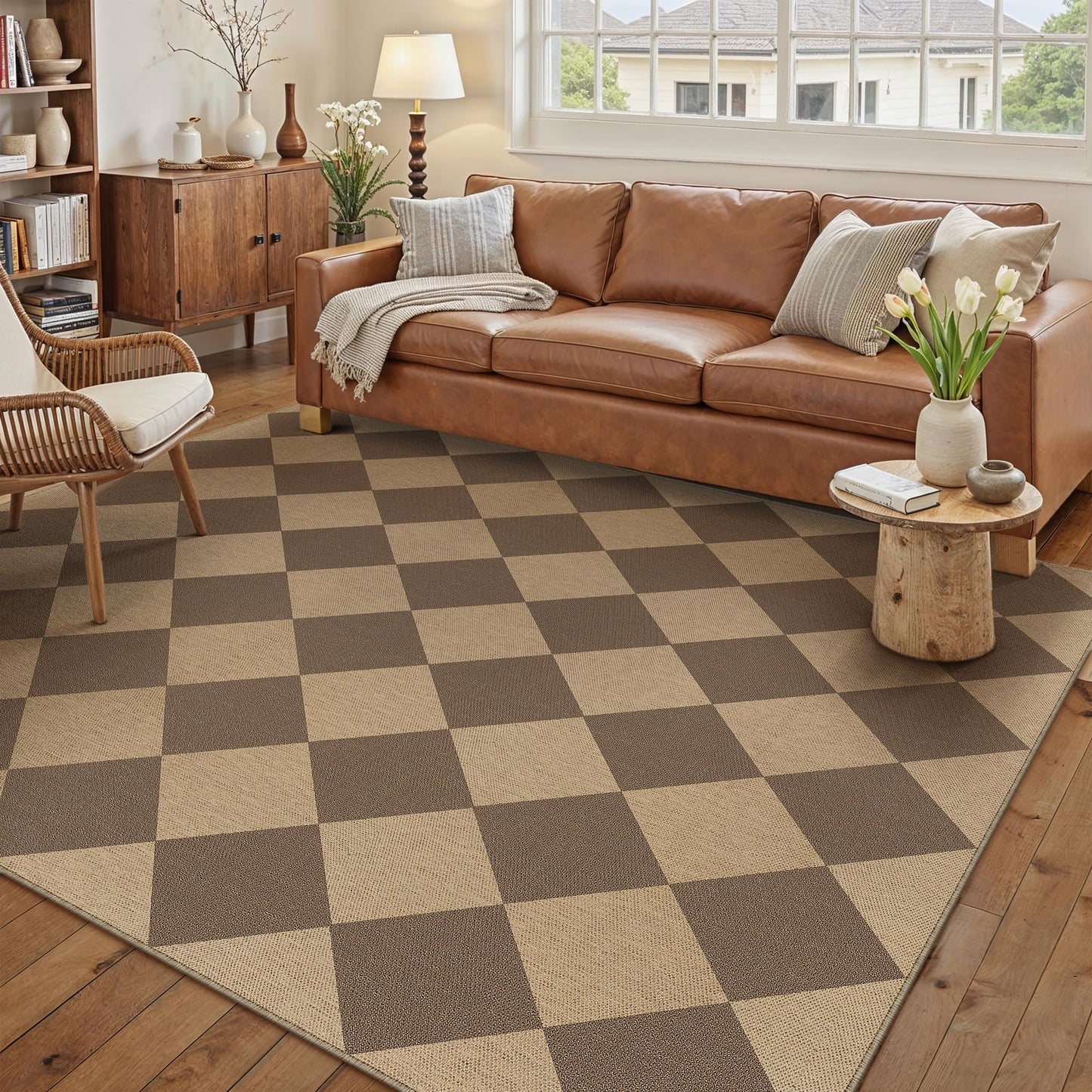 PureCozy 5x7 Checkered Easy Jute Area Rug for Living Room Checkerboard Washable Indoor Outdoor Carpet Farmhouse Patio Office Mat Geometric Non Slip Brown Carpet for Backyard Dining Room