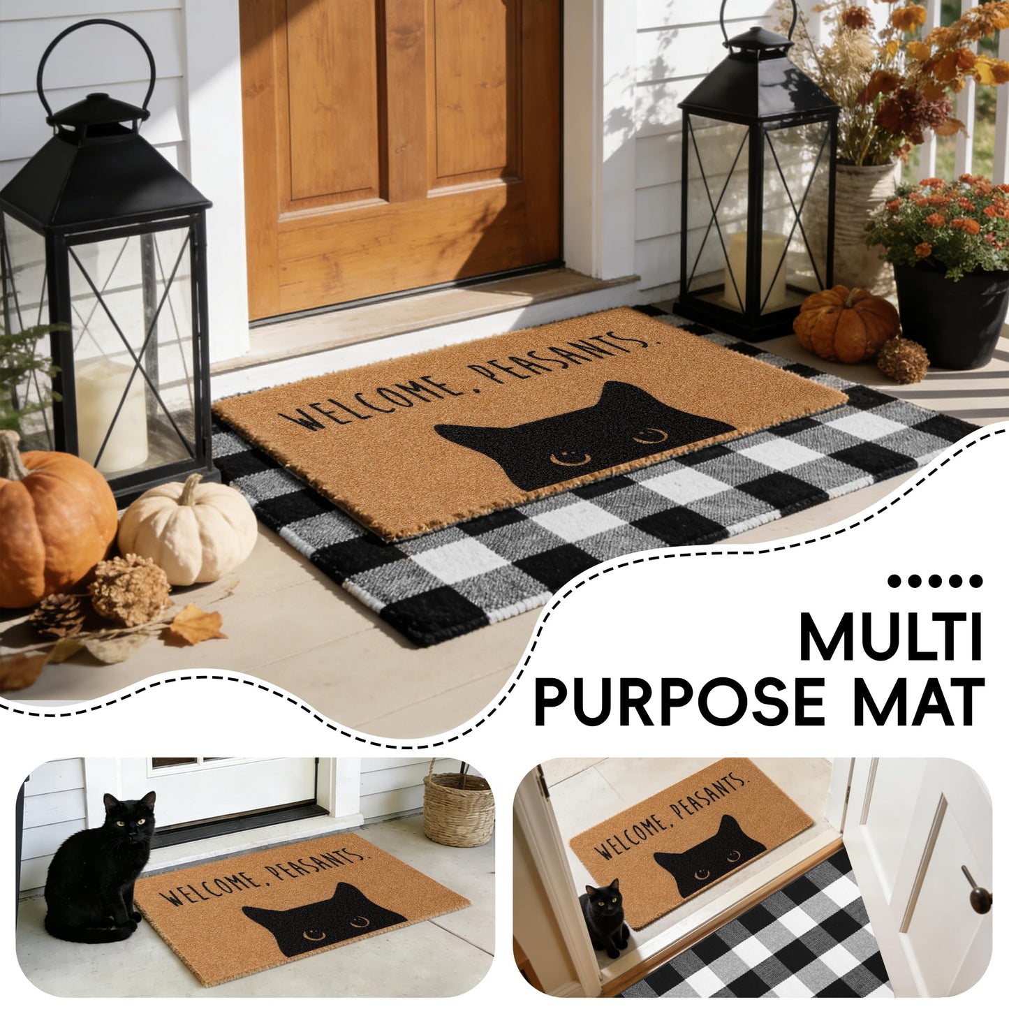 2 Pcs Welcome Peasants Black Cat Door Mat Set, Layered Artificial Coir Doormat with Black White Buffalo Plaid Mat, Non-Slip Cute Funny Front Door Mats for Cats Lovers Owners Porch, Entryway Decor