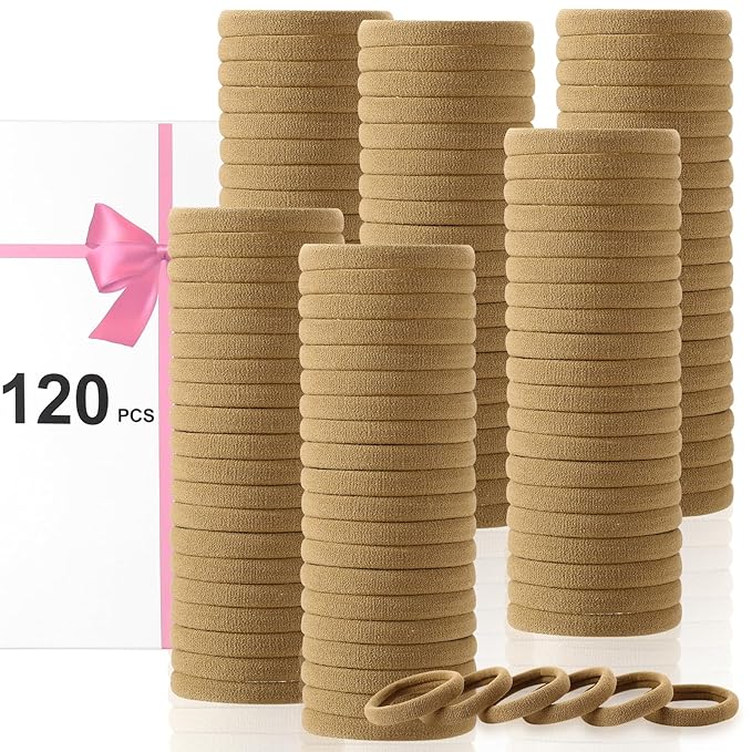 LuSeren 120 Pcs No Damage Hair Ties for Thick Hair, Large Soft Seamless Nylon Hair Elastics for Women, Ponytail Holders, Hair Accessories Ã¢ÂÂ Light Brown