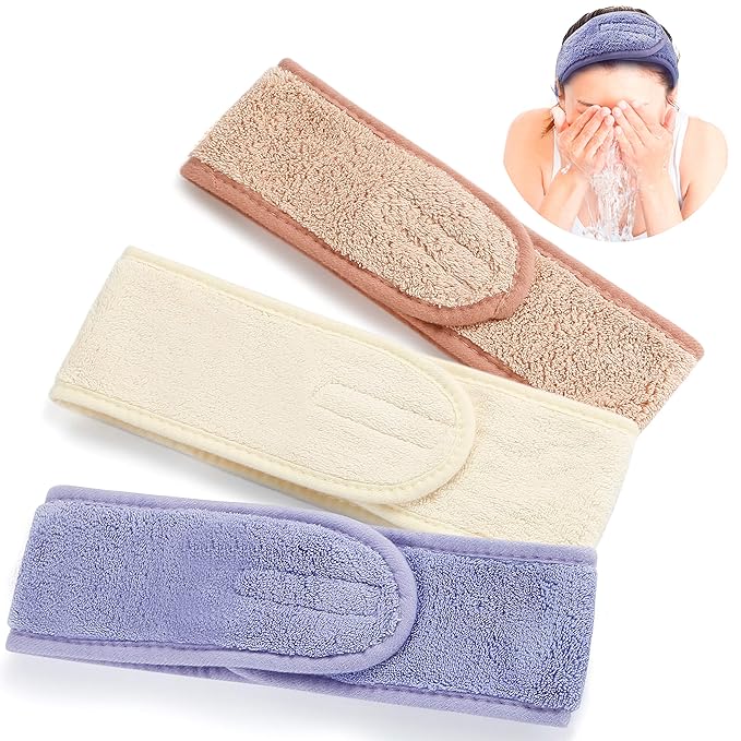 TailaiMei Spa Facial Headband – 3 Pcs Adjustable Makeup Head Wrap with Magic Tape, Sweat Hair Towel for Sport, Face Wash and Shower