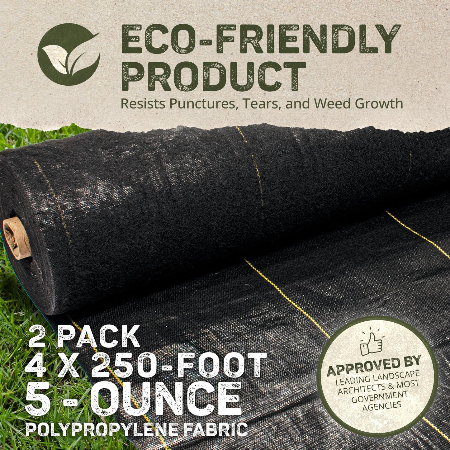 Dewitt 2-Pack Pro-5 Weed Barrier Fabric 5 oz, 4 x 250 Feet – Heavy-Duty Woven Landscape Ground Cover Mat for Raised Garden Bed, Greenhouse Gardening, Outdoor Landscaping, and Commercial Planting