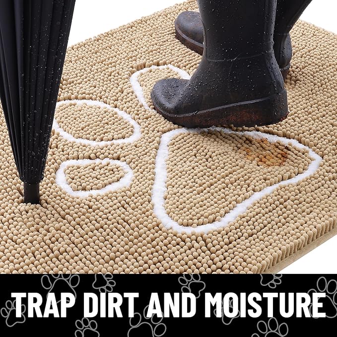 Smiry Dog Door Mat for Muddy Paws, Absorbent Dirt Trapper Non Slip Quick Dry Washable Chenille Mat for Mud Dogs, Entry Rug for Indoor and Outdoor (47x17 Inches, Beige and White)