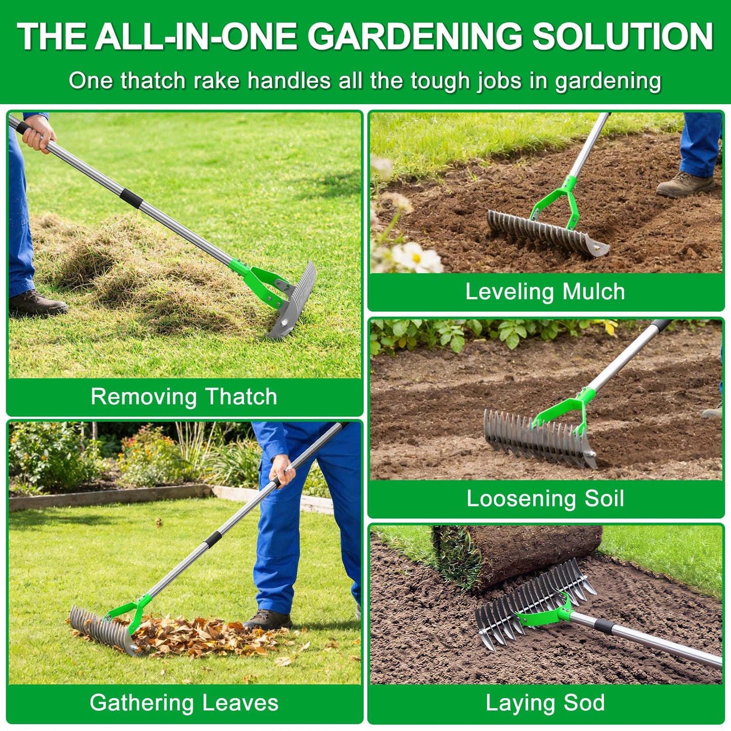 Thatch Rake for Lawn with 68" Adjustable Handle, 15" Heavy Duty Dethatcher Rake for Lawn, Thatching Rake with Dual-Action Tines, Dethatching Rake for Efficiently Removes Dead Grass, Loosens Soil