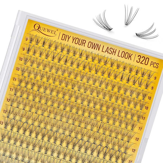 QUEWEL Lash Clusters 320Pcs Cluster Lashes 10D C Curl Lash Cluster Eyelash Extensions Mix9-16mm Individual Eyelashes Clusters Wispy Lash Clusters Thin Band Soft to Use at Home(10D C Mix9-16)