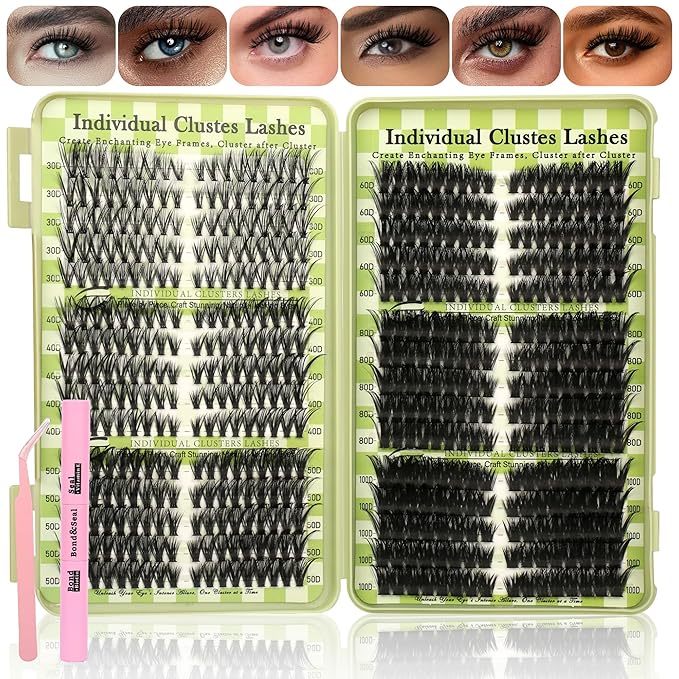 Lash Clusters Cat Eye Lash Clusters Kit Volume DIY Individual Lashes Clusters Lash Extension Kit 530Pcs Thin Band Wispy Lash Cluster Lash Bond and Seal Lash Tweezers