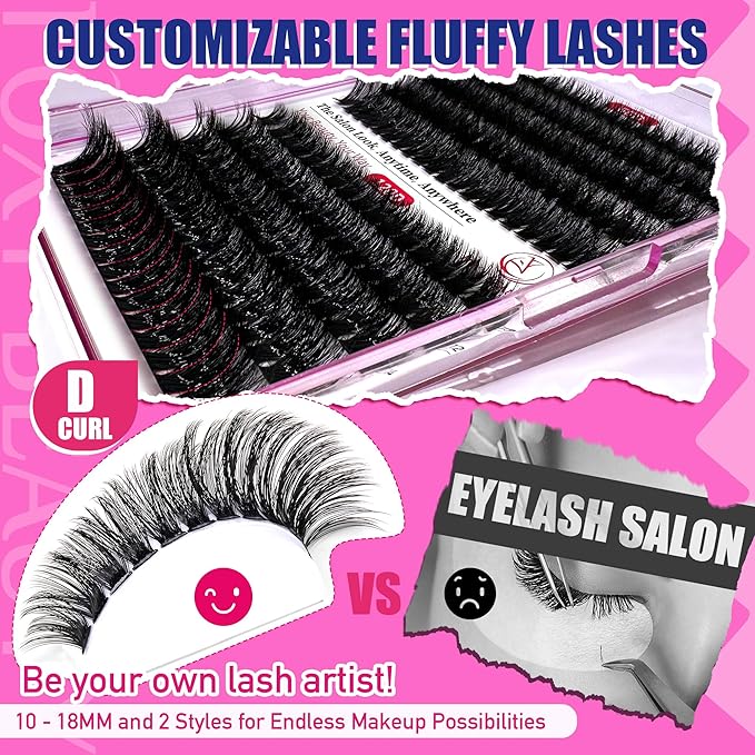 Lash Clusters Kit Lashes Fluffy Lash clusters Thick Lash Extension Kit D Curl DIY False Eyelashes with Bond and Remover 60D 120D