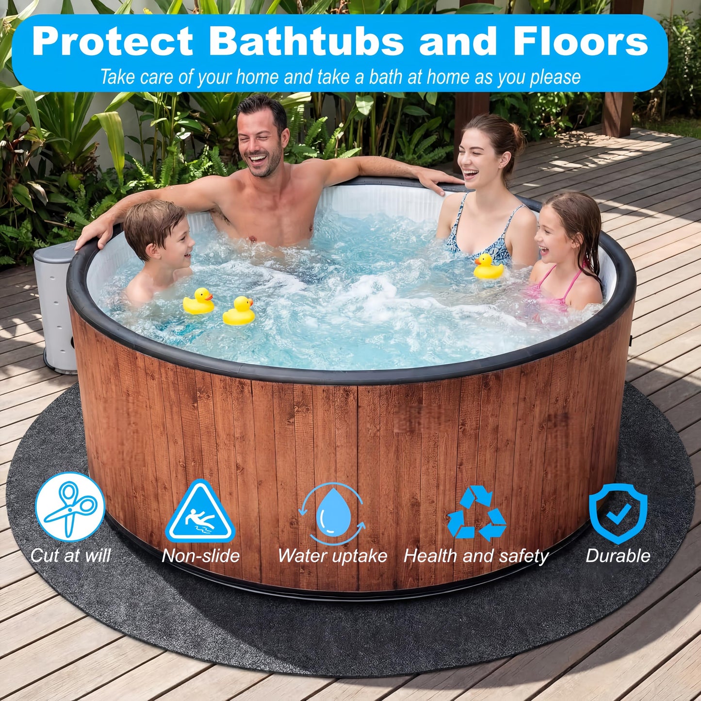 Upgraded 90 * 90 inch Square Hot Tub Mat, Extra Large Inflatable Hot Tub Pad Outdoor Indoor, Waterproof Slip-Proof Backing, Absorbent Spa Pool Ground Base Flooring Protector Mat