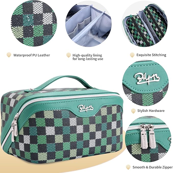 BOYATU Travel Makeup Bag Organizer Cosmetic Bag: 3 Pcs Set Make up Bags for Women with Handle - Waterproof Vegan Leather Toiletry Bag (01-H-Green)