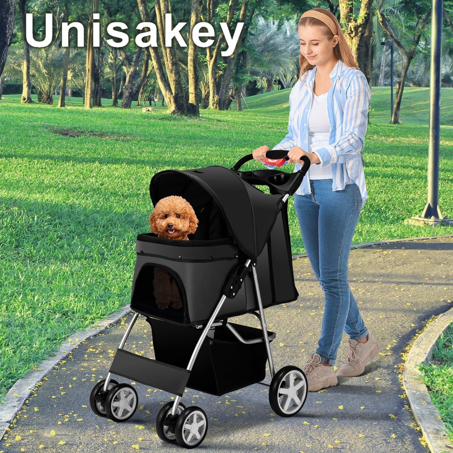 Unisakey 4 Wheels Pet Stroller for Small Medium Dogs Cats 10-33 lbs, Foldable Dog and Cat Stroller with Cup Holder & Storage Basket & Breathable Mesh, Pet Strolling Cart for All-Season, Black