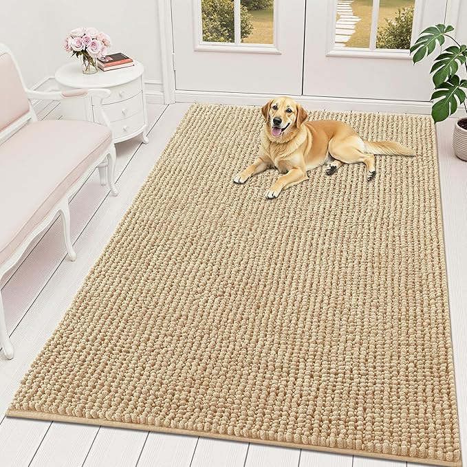 OLANLY Dog Door Mat for Muddy Paws 70x46, Ultra Absorbent Chenille Mud Doormat, Non-Slip Washable and Dirt Trapping Doormat for Indoor Entryway, Quick-Dry Indoor Pet Bed Mats for Dogs, Beige