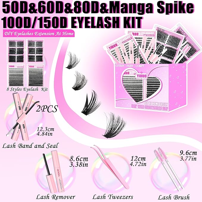 YIDUO Lash Clusters Kit 1021Pcs Volume Clusters Lashes Extensions with 2X Bond and Seal cat eye 50D/60D/80D + Manga 100D/150D Spikes Eyelash Cluster Kit 10-18mm Wispy Individual Lash DIY at Home