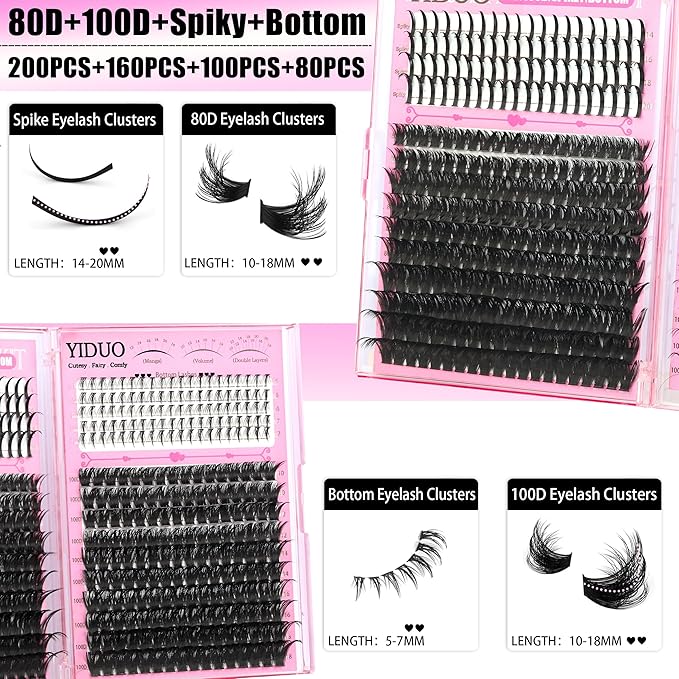 YIDUO 960Pcs Lashes Clusters Kit 80D+100D+200D+300D+Spikes+Bottom Thick Clusters Lash Extensions Kit with 2 Bond and Seal 10-20mm Wispy 3D Volume Individual Eyelash Cluster Kit DIY at Home Easily