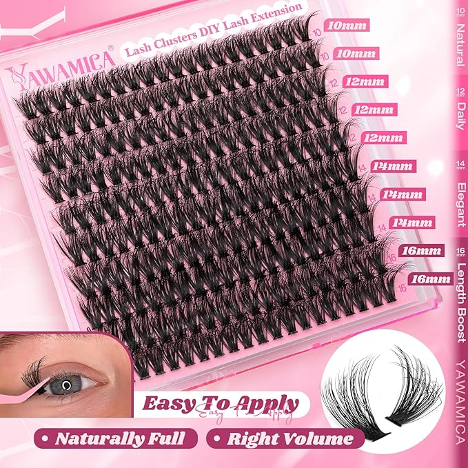 Yawamica Natural Fluffy Lash Clusters 50D Volume Eyelash Clusters 10-16mm Wispy Cluster Eyelash Extensions D Curl Individual Lashes with Thin Band DIY Lash Extension for Beginners